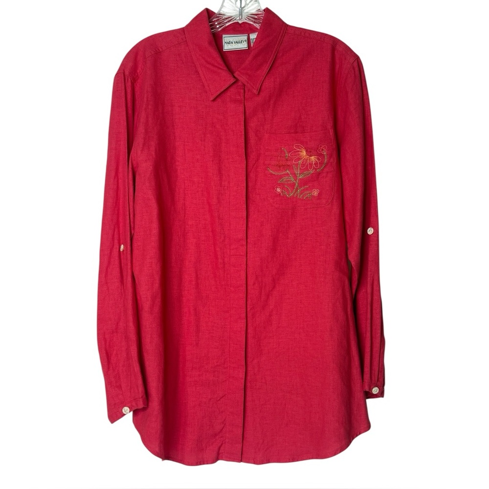 Napa Valley Coral Linen‎ Blend Button Up Long Sleeve Womens M Embroidered Flower